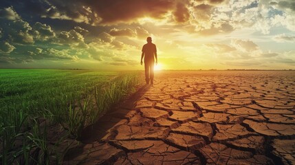 The concept of climate change, the contrast of a green, dry and barren field with a human silhouette