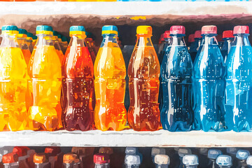 Watercolor illustration of plastic bottles on a shelf in a supermarket.