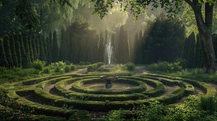 A peaceful garden with a labyrinthine path leading to a central fountain, inviting contemplation...