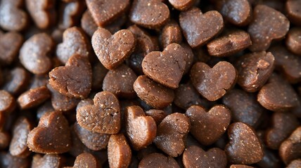 background for a pet store. Assortment of dry pet food. Daily diet in the shape of hearts