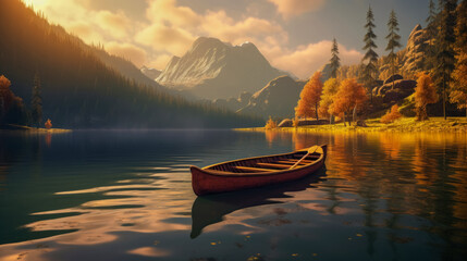 Lonely wooden canoe floating on calm mountain lake. Autumn forest on background of sunset. Illustration traveling boat in river, yellow trees, natural light, nature landscape backdrop. No people.