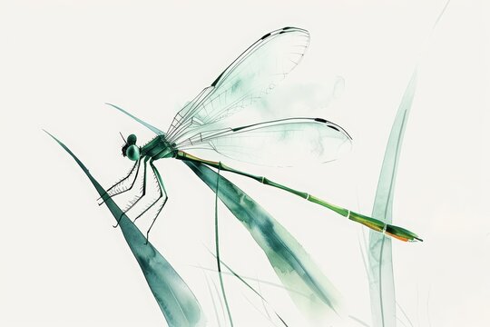 A watercolor painting of a dragonfly perched on a stalk of grass