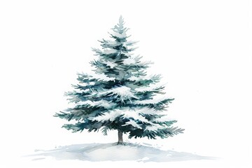 Fototapeta premium Create a watercolor painting of a snow-covered pine tree. Make the background white and focus on the intricate details of the tree, including the branches, needles, and snow.