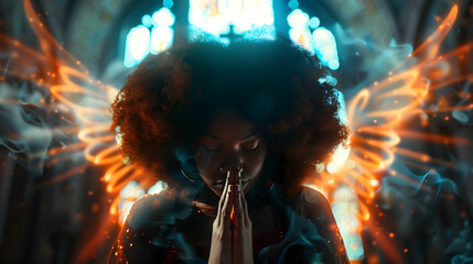 Élégance Divine: La Jeune Femme Afro Prie dans une Chapelle, ses Ailes de Lumière Éclatante Symbolisant la Puissance de la Foi et de la Dévotion
