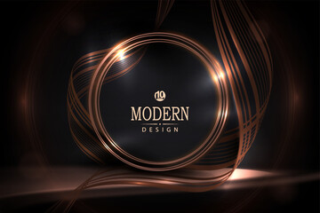 Composition with a podium and a round copper-colored frame on a black background.