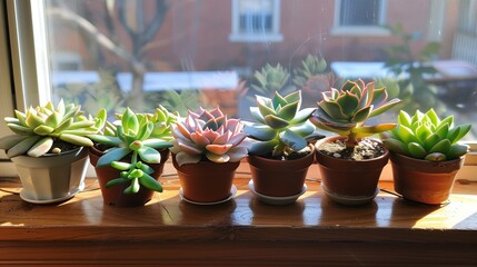 a row of succulent plants on plant pots