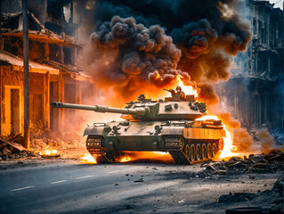Panzer fährt durch eine zerstörte Stadt - obrazy, fototapety, plakaty