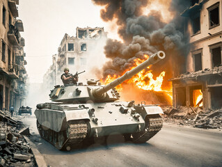 Panzer fährt durch eine zerstörte Stadt - obrazy, fototapety, plakaty