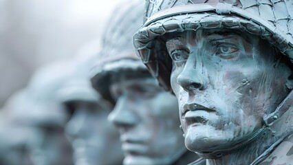 Naklejka premium Monochrome soldier sculptures evoke powerful imagery for historical publications on Memorial Day. Concept Memorial Day, Soldier Sculptures, Historical Publications, Monochrome Imagery