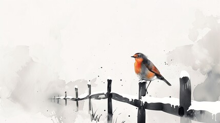 A minimalist watercolor splash art of a robin perched on a snow-covered fence, isolated on a white background, symbolizing the arrival of spring.