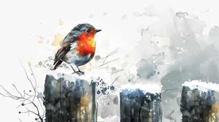 A minimalist watercolor splash art of a robin perched on a snow-covered fence, isolated on a white background, symbolizing the arrival of spring.