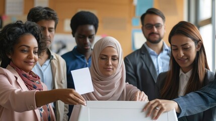 Obraz premium People from various backgrounds voting together, celebrating democracy internationally. International Day of Democracy, September 15