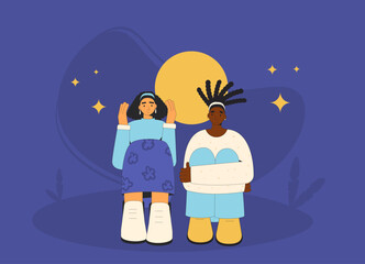 Two girls sitting and talking at night. Teenagers characters friendship. Young girlfriends conversation. Vector outline illustration