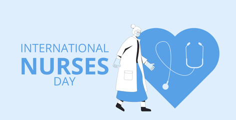 International nurses day text card. Holiday banner. Female character and medical symbols line art illustration.