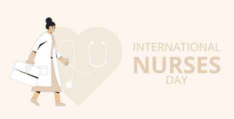 International nurses day text card. Holiday banner. Female character and medical symbols flat illustration.