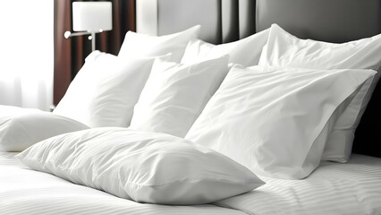 Obraz premium Luxurious Bedroom Decor: Closeup of White Pillows on a Hotel Bed. Concept Luxurious Bedroom Decor, Closeup Shots, White Pillows, Hotel Bed