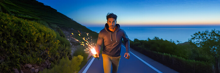 man running with a torch in a hand with a sea horizon