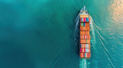 Aerial top view containers ship cargo business commercial logistic and transportation international import export by container freight cargo ship in the open seaport show ocean network on map