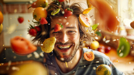Enjoyable cooking is taking place as a young, smiling man prepares food in the kitchen, surrounded by airborne food, fruits, and vegetables. Fun cooking.