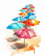 Aquarelle painting of colorful beach umbrellas on white background.