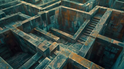 A maze with high walls and dead ends, representing the complexity of navigating mental health challenges.