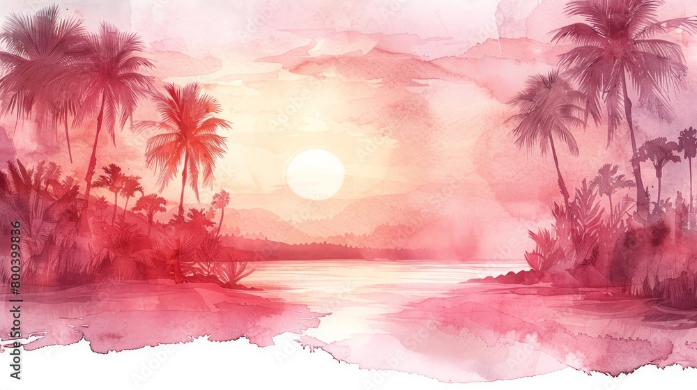 Poster a painting of a sunset with a palm tree in the foreground and a body of water in the background