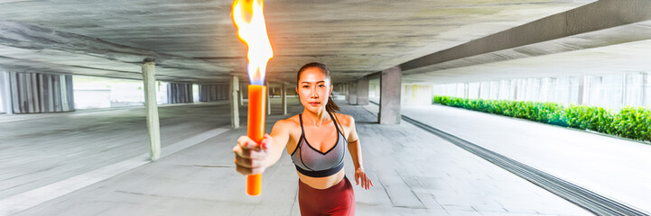 sportswoman passing the torch baton running in a concrete architecture room