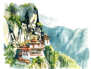 A beautiful watercolor painting of a Buddhist monastery in the Himalayas