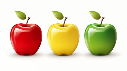 Digital art featuring three apples with individual leaves aligned perfectly on a pristine white background