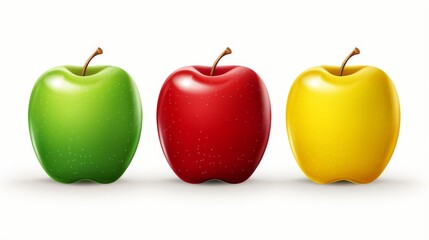 Digital illustration displaying three separate apples in red, green, and yellow shades with a minimalist white background
