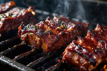 A rack meat is being cooked on a grill