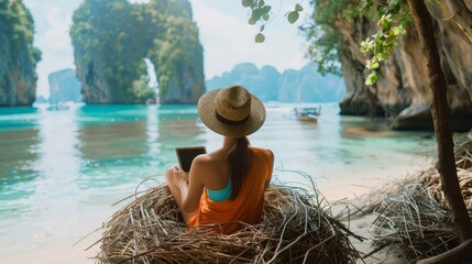 Traveler woman relaxing on straw nests using tablet at Railay beach Krabi, Asia business people on...