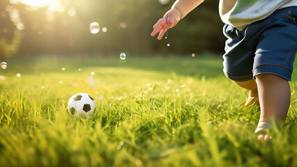 young child is playing with soccer ball in a grassy field