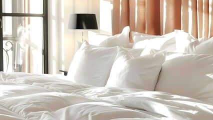 Closeup of white pillows on a hotel bed showcasing luxury bedroom decor . Concept Luxury Decor, Hotel Room, Close-up Shots, White Pillows, Bedroom Aesthetics