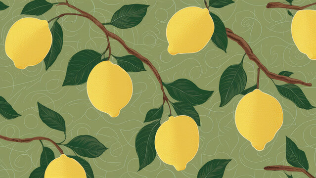 Background with yellow lemons on branches in vintage style