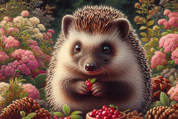 cute little hedgehog is sitting on a bed of flowers and eating a berry - obrazy, fototapety, plakaty