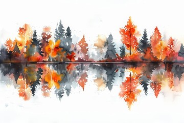An abstract watercolor painting of a forest in the fall. The trees are reflected in a lake.