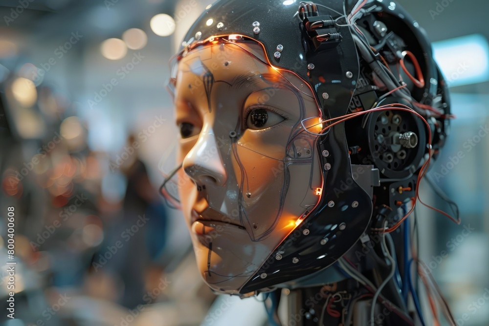 Poster a robot with a face made of wires and lights. the robot is wearing a black helmet and has a glowing 