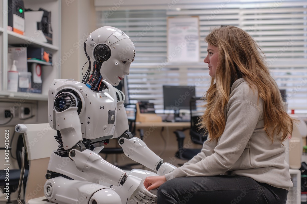 Poster a woman sits next to a robot. the robot is white and has a human-like face. the scene seems to be a 