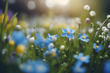 field of flowers with a blue flower in the foreground