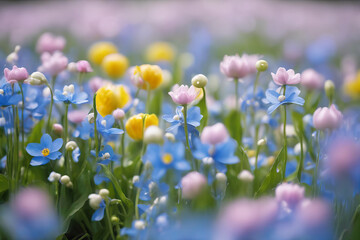field of flowers with blue, pink, and yellow flowers