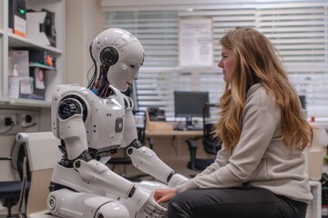 A woman sits next to a robot. The robot is white and has a human-like face. The scene seems to be a friendly interaction between the woman and the robot