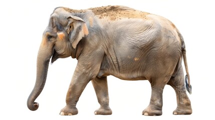 Naklejka premium A side profile of an Asian elephant with natural dirt on its skin, beautifully isolated against a white backdrop