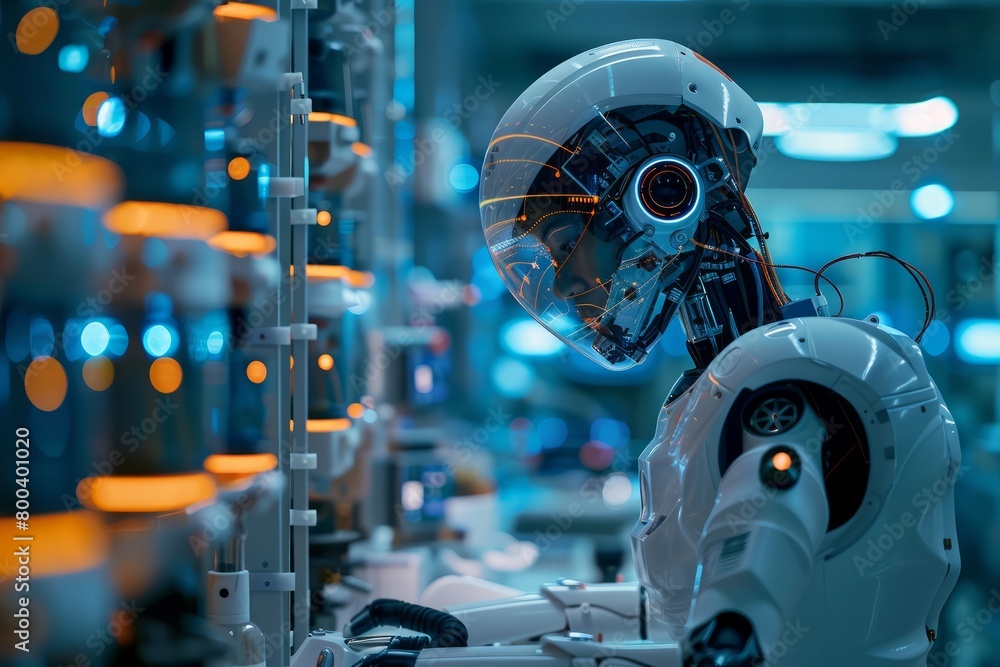 Poster A robot is standing in front of a computer monitor. The robot is white and has a head with a visor. The robot is looking at the monitor, possibly working on a task