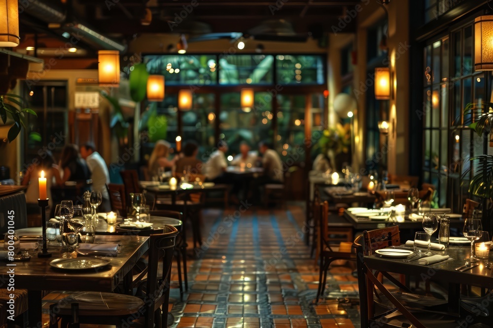 Poster A restaurant with a lot of tables and chairs. The tables are set with wine glasses and plates. Scene is warm and inviting