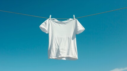 A white boys' T-shirt hangs on a clothesline against a blue sky backdrop.