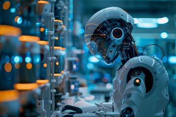 A robot is standing in front of a computer monitor. The robot is white and has a head with a visor. The robot is looking at the monitor, possibly working on a task