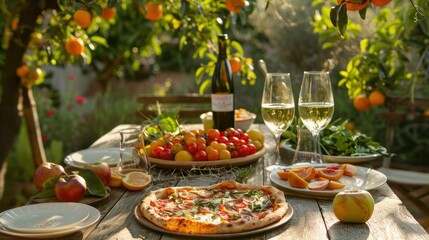 Dinner in a home garden. Pizza, salads, fruits and white wine on table in a orchard in a backyard