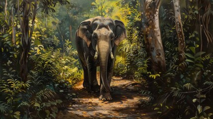 An artistic depiction of an elephant calmly strolling down a forest path surrounded by vibrant vegetation