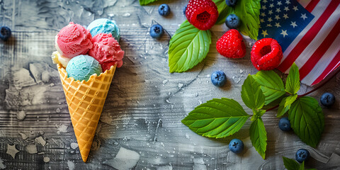 Delicious, fresh and sweet seasoned red, blue and white in a waffle cone on the background of the national American flag. The concept of Independence Day on July 4th
